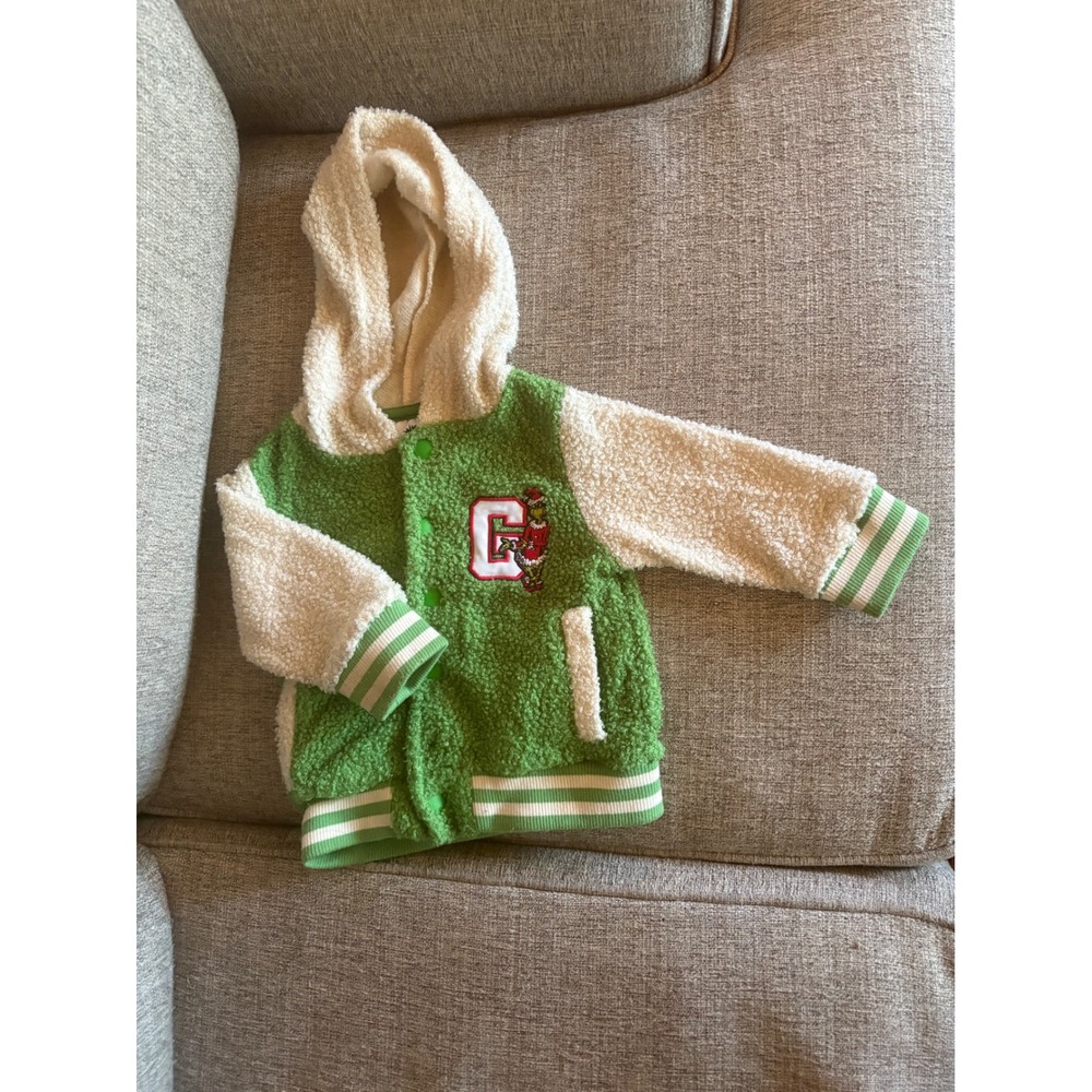 Dr. Seuss The Grinch Sherpa Fleece Varsity Hooded Jacket Green Toddler 18M